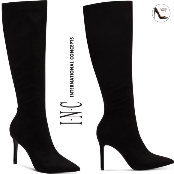 INC Rajelf Knee-High Boots Black Suede Pointed Toe Stiletto Heel Boots 8.5 - Picture 1 of 12